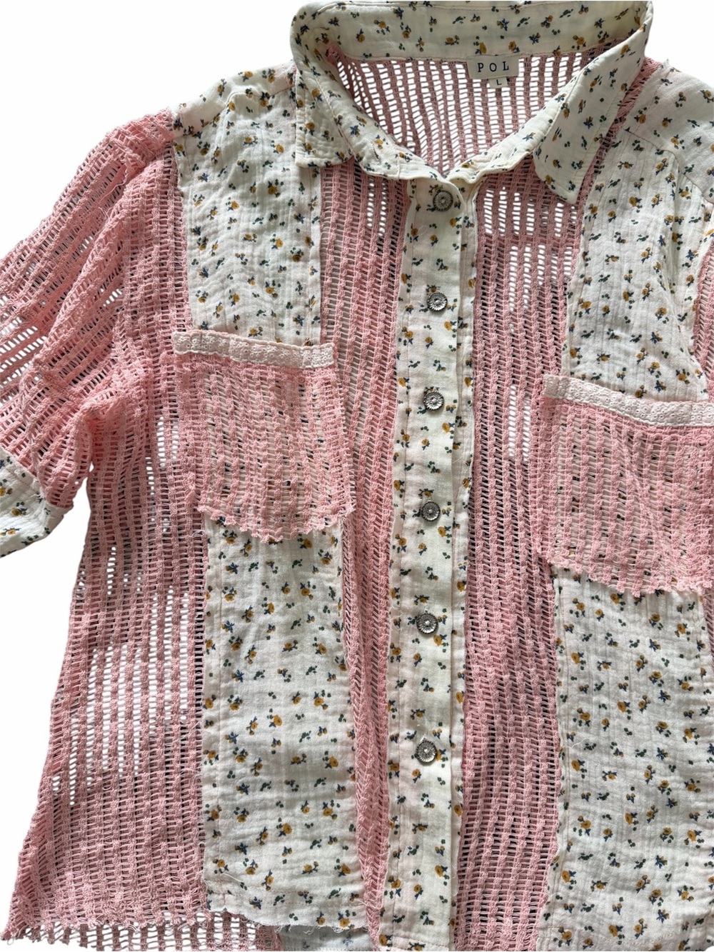 POL Clothing Oversized Pink Floral Patchwork Button Down Shirt Boho Shacket - Picture 6 of 10